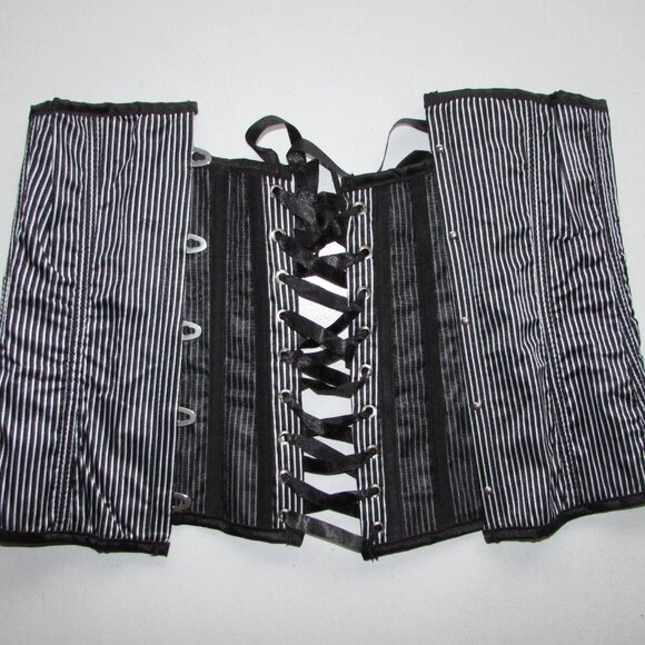 Black White Pinstripe Underbust Waist Cincher Corset Set - NEW - Picture 7 of 8